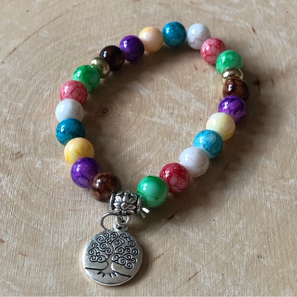 Multicolored stone bracelet with tree of life charm